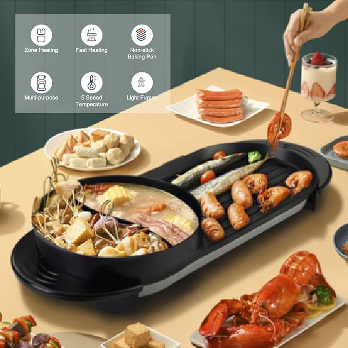 27″ Hot pot with Grill,Electric BBQ Grill 2200W Non-Stick Korean Barbecue Grill for 2-12 People,Independent Dual Temperature Control(110V)