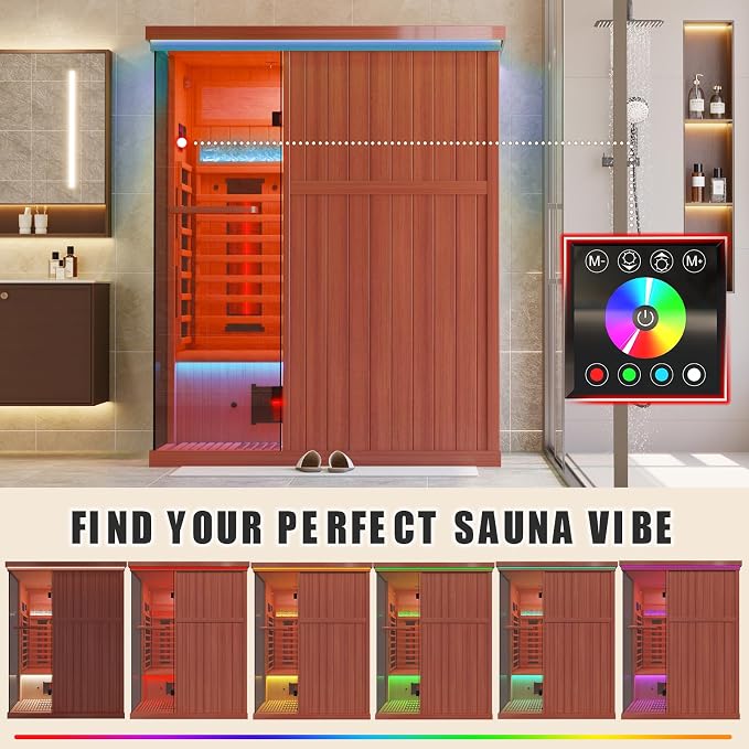 MEISSALIVVE Full Spectrum Sauna for Home, 3 Person Indoor Infrared Sauna with 10 Minutes Warm-up Heat, Red Cedar Home Sauna with Bluetooth and Tempered Glass