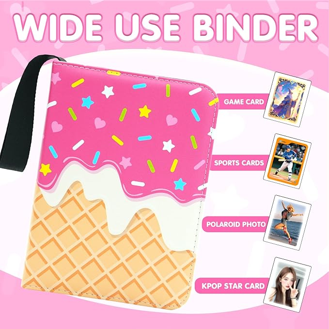 Cute Ice Cream Cake Card Binder for Girls, 400 Pocket Card Album Gifts, Ice Cream Donut Trading Game Card Holder Album for Standard Size Cards, Collectible Game Collection Case (PInk)