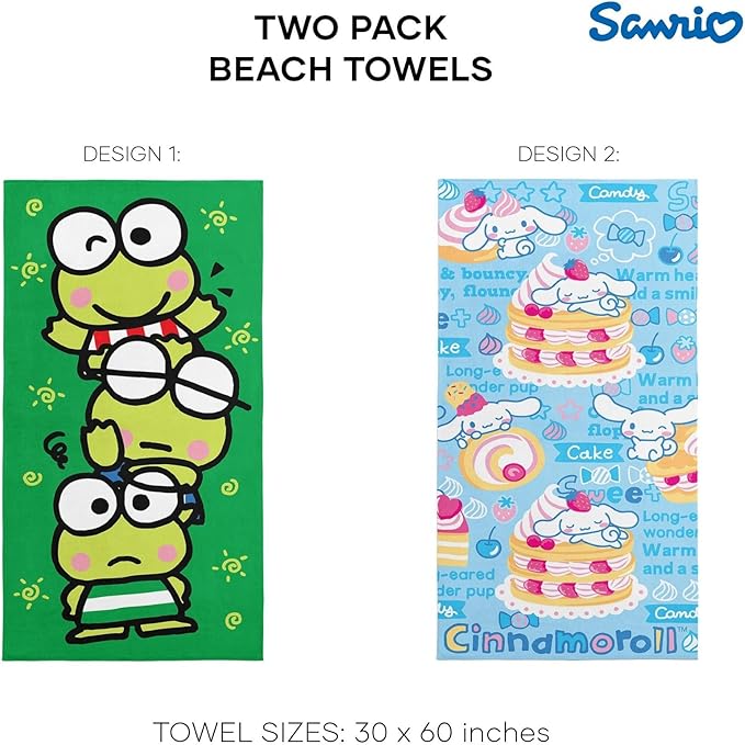 NORTHWEST Hello Kitty Beach Towel 2-Pack – Oversized, Soft, Absorbent, Fast-Drying, Sand-Free Pool Towels Featuring Keroppi, Cinnamoroll & Hello Kitty Designs 30" x 60"