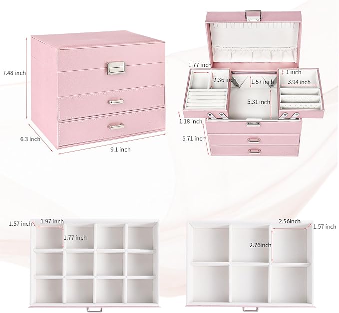 Jewelry Boxes for Women Girls, Jewelry Storage Organizer, 4 Layers Large Jewelry Organizer Box with 2 Drawers for Friends, Wife or Mother Gift (Pink)