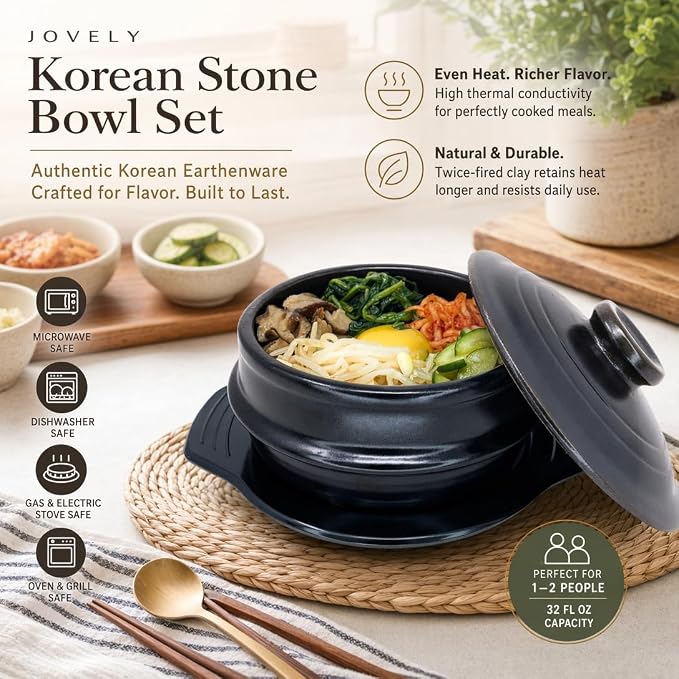 Korean Stone Bowl with Lid, Ttukbaegi for Bibimbap & Soup, 32 fl oz | Twice-fired natural clay, sturdy earthenware construction, Microwave and dishwasher safe, Use on gas stovetop, grill or oven