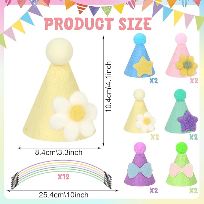12pcs Mini Party Hats for Stuffed Animals, Macaroon Hats with Pom Pons for Dolls Dog Cat Rabbit Puppies Assorted Animal Birthday Decorations