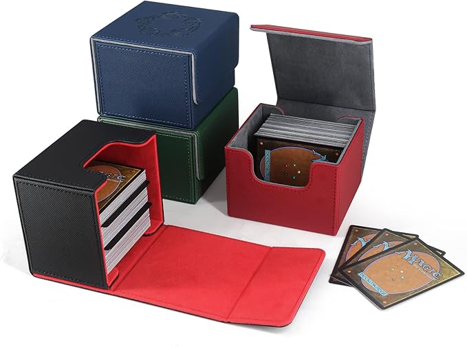ZLCA Card Deck Box with 2 Dividers for MTG Cards, Large Horizontal Card Storage Box Fits 150+ Single Sleeved Cards, PU Leather Commander Deck box for TCG CCG (Black& Red)