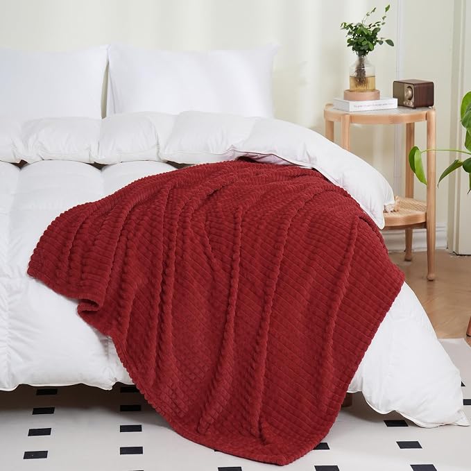 Puncuntex Fleece Throw Blanket Red 50"×60" with Square Grid Design | Super Soft Plush Cozy Flannel Throw Blanket Luxury for Couch Sofa Chair