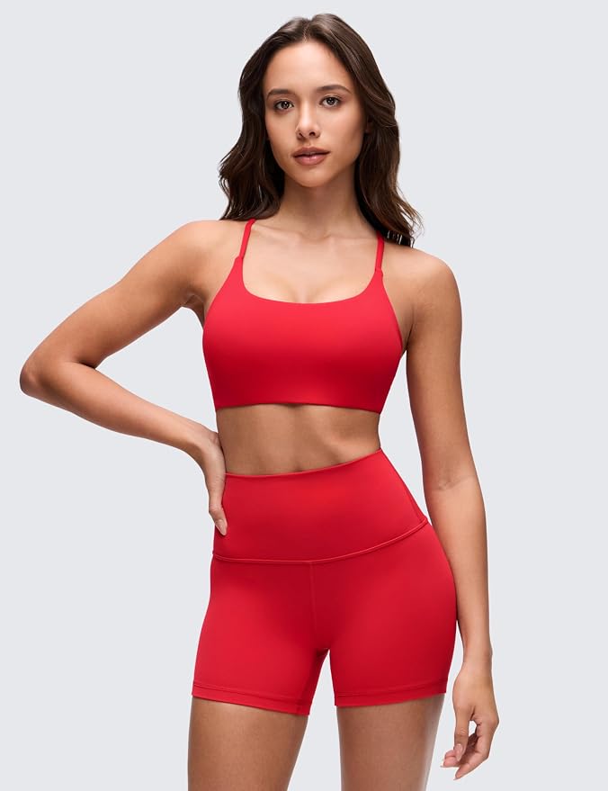 CRZ YOGA Butterluxe Twist Cross Back Sports Bras for Women - U Neck Padded Adjustable Spaghetti Straps Yoga Top