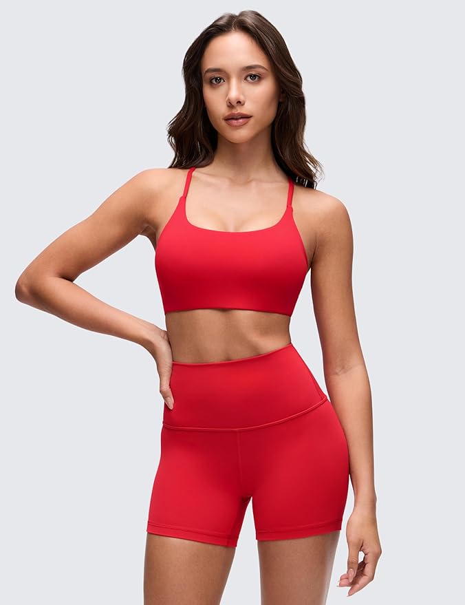 CRZ YOGA Butterluxe Twist Cross Back Sports Bras for Women - U Neck Padded Adjustable Spaghetti Straps Yoga Top