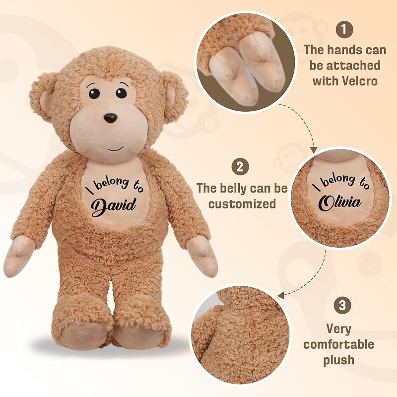 Personalized Monkey Stuffed Animal, 19.6 Inch Monkey Plushie with Custom Name Date Message, Hanging Monkey Jungle Style Room Decor Soft Cuddle Gift for Baby Toddler Boy Girl Kids
