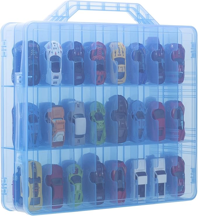 Double Sided Storage Case for 48 Cars, Matchbox Cars, Mini Toys, Small Dolls - Portable Transparent Case (Blue)