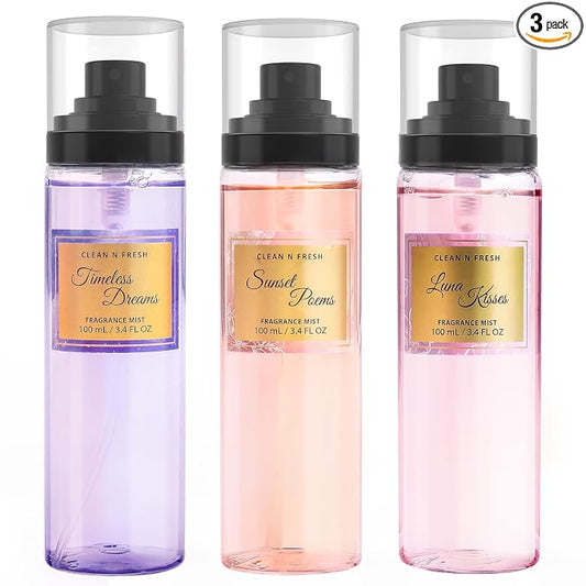 Clean-n-Fresh Body Spray, Mist for Women, Fragrance Sets, Pack of 3, Each 3.4 Fl Oz, Total 10.2 Oz