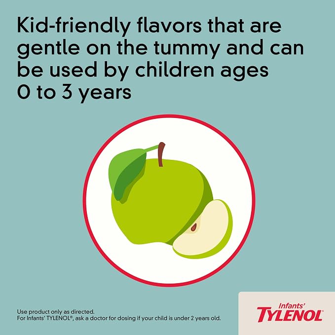 Infants’ Tylenol Oral Suspension Liquid Medicine with Acetaminophen, Baby Fever Reducer & Pain Reliever for Minor Aches & Pains, Sore Throat, Headache & Teething Pain, Dye-Free Apple Flavor, 2 fl. oz
