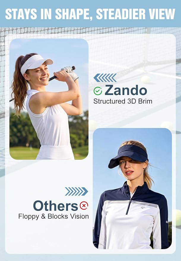 Zando 3.2" Structured Brim Visor Hats for Women, UPF 50+, Golf/Tennis | 3.2"Structured Brim Adds Sun Coverage, Steady View, Quick-dry Sweatband, Open-Top Ponytail Fit, Adjustable Fit & Lightweight