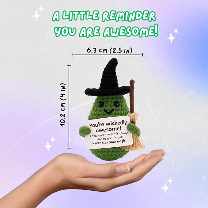 M.O.Q. Mini Funny Green Witch Birthday Crochet Ideas Gifts for Women Her Him Ages 14+, Small Cute Stuff Things, Handmade Emotional Positive Crochet Witch Decor