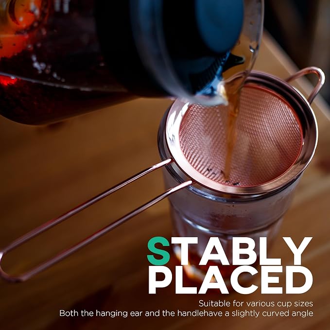 Homestia Fine Mesh Strainer for Kitchen, 304 Stainless Steel Cocktail Sieve Sifters for Food, Liquid Strainer Cup for Food, Drinks, Tea, Rice, Oil, Coffee, Juice, Flour, Fruits, Vegetables (Rose Gold)