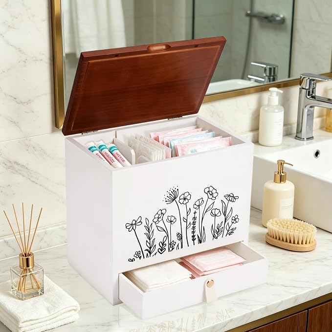 2-Layer Solid Wood Tampon Box Storage Organizer, 100% Wood Bathroom Feminine Accessories Holder with Drawer, Dual-Compartment Holder for Pads, Tampons, & Liners, Gold Floral, Gifts for Women