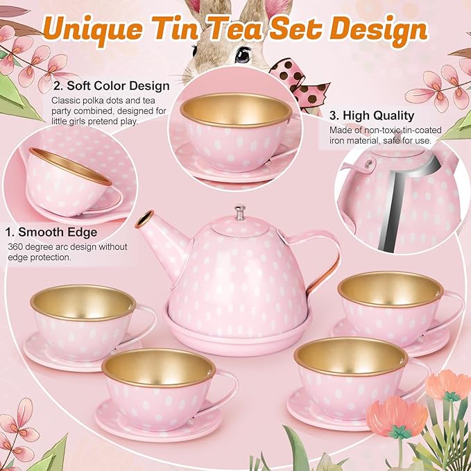Tea Party Set for Little Girls, 49PCS Princess Tea Time Toys Including Tea Set Dessert Carrying Case, Kids Kitchen Pretend Playset, Tea Set for Girls Birthday Toddler Age 3-8, Pink