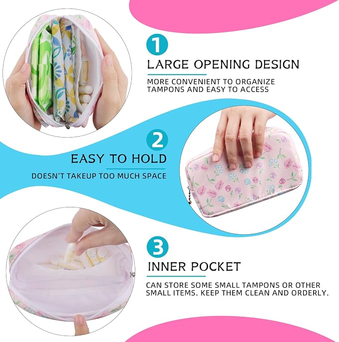 Period Bag for Teen Girls, Lightweight Sanitary Napkin Storage Bag Tampon Holder for Purse Menstrual Pad Pouches First Period Gift (Flowers)