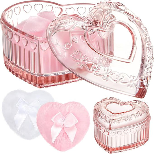Tioncy 3 Pcs Large Body Powder Puff and Container Mother's Day Gift Powder Container with Puff Crystal Case Soft Washable Reusable Velour Face Body Glitter Wet Dry Makeup(Pink, Heart)