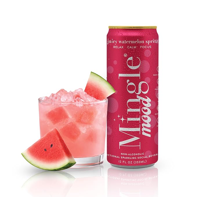 Mingle Mocktails Watermelon Spritz Nootropic Non Alcoholic Drinks with Ashwagandha, L-Theanine, Lion's Mane, Adaptogens, Alcohol Alternative Pre-Mixed Mocktails, Gluten Free Vegan, 24 Pack 12 fl oz