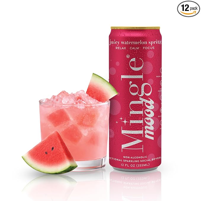 Mingle Mocktails Watermelon Spritz Nootropic Non Alcoholic Drinks with Ashwagandha, L-Theanine, Lion's Mane, Adaptogens, Alcohol Alternative Pre-Mixed Mocktails, Gluten Free Vegan, 12 Pack 12 fl oz