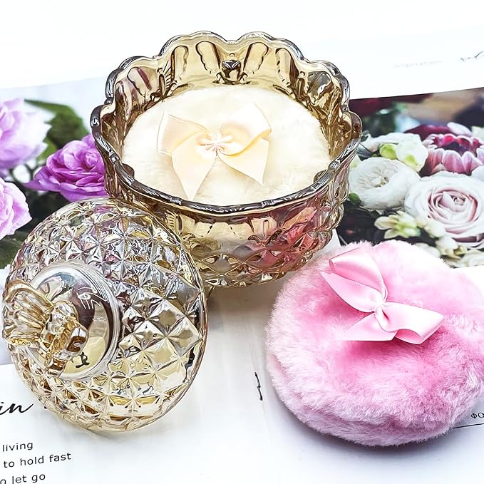 Luxury 4 Inch Glass Powder Container with 2 Soft 3.5" Puffs, puff Jar,Loose Powder Storage,Easter Gifts for Women(Butterfly-Amberl)
