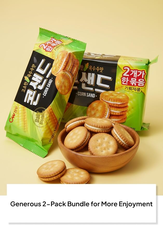 Korean Food CW Corn Sandwich Biscuits Sweet Corn Cream 12 Packs 12.7oz | Crispy sandwich biscuits with sweet corn cream filling. Family pack includes 12 individual snack packs, 12.7 oz total.