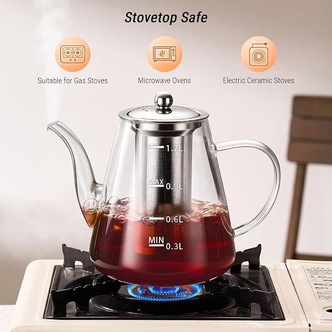 PARACITY Glass Teapot Stovetop, Borosilicate Clear Tea Kettle with Removable 18/8 Stainless Steel Infuser, Teapot Blooming and Loose Leaf Tea Maker Tea Brewer for Camping (transparent, 1200ml-scale)
