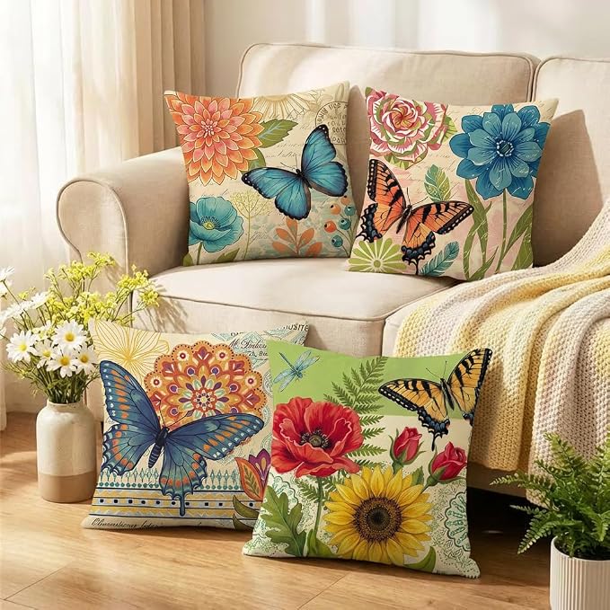 wyooxoo Spring Summer Pillow Covers 16x16 Set of 4 Farmhouse Throw Pillow Covers Linen Flower Butterfly Decorative Pillowcases for Sofa Couch Living Room Outdoor