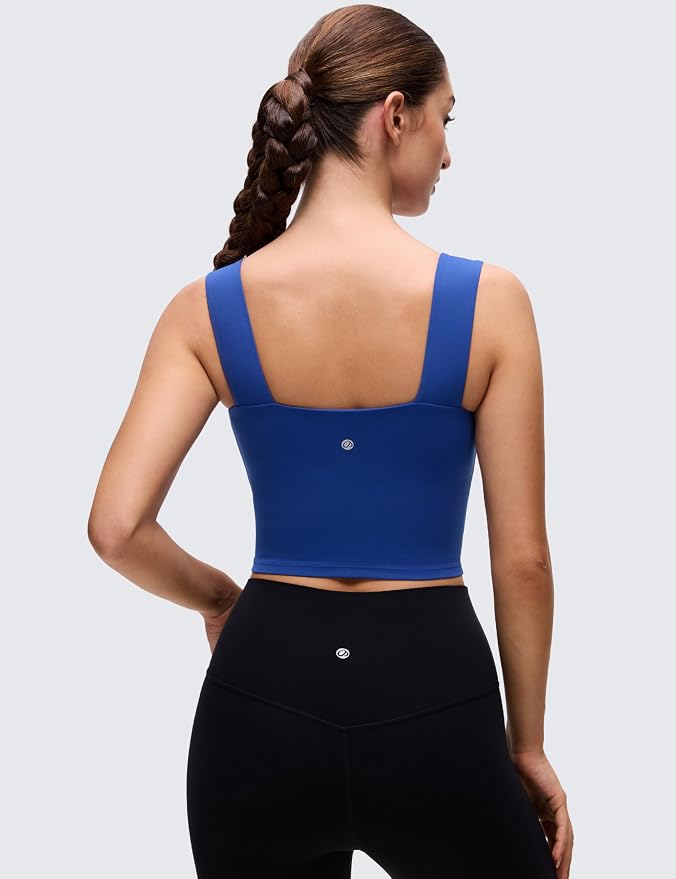 CRZ YOGA Butterluxe Wide Straps Square Neck Crop Tank Tops for Women - Padded Workout Yoga Longline Sports Bras