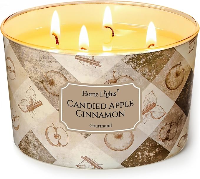 HomeLights Large jar Candle | 4-Wick Long-Lasting Scented Candles, 18oz Natural Soy Wax Candle for Home Scented, Rustic Modern Gifts for Women & Men, Candied Apple Cinnamon