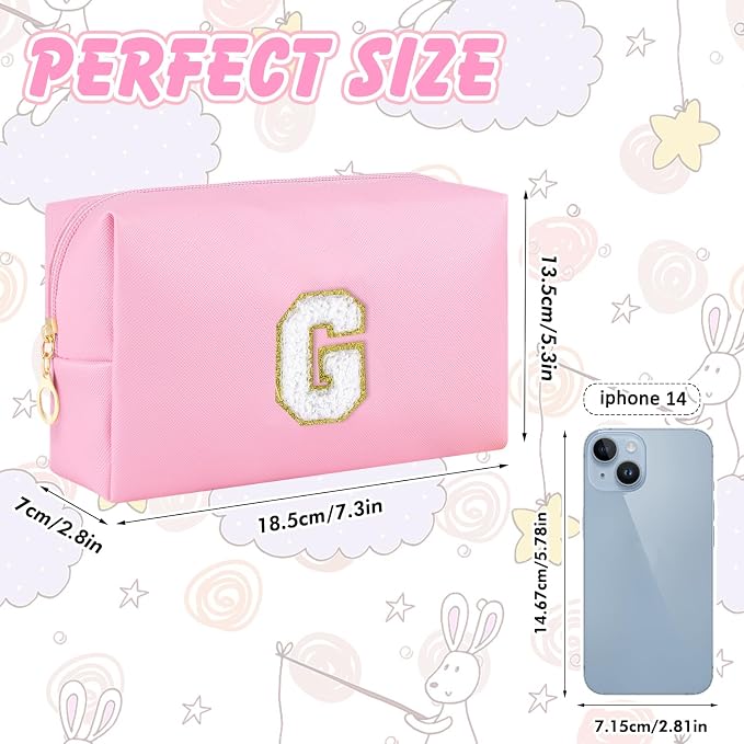 URSKYTOUS Initial Makeup Bag Personalized Preppy Travel Small Cosmetic Bag Cute PU Pink Chenille Letter Makeup Pouch for Purse Waterproof Zippered Toiletry Organizer for Women Girls Kids Friends (G)