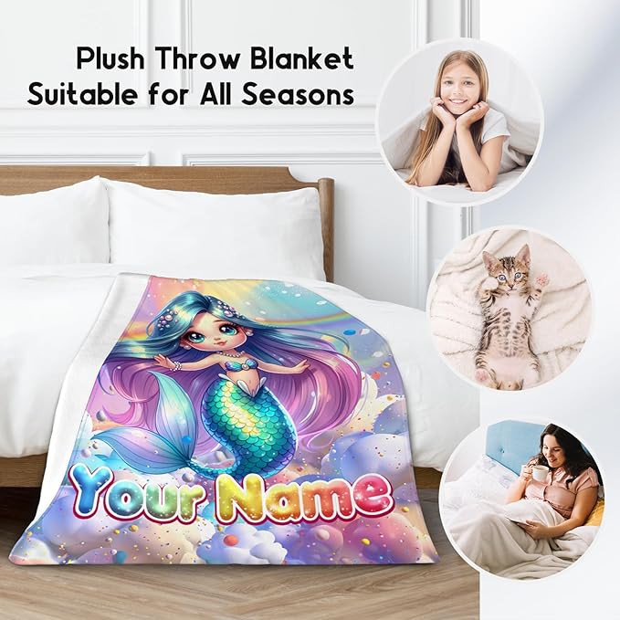 Mermaid Blanket for Girls Personalized Blankets Gifts - 4 Sizes Cozy Flannel Throw for Kids Toddler