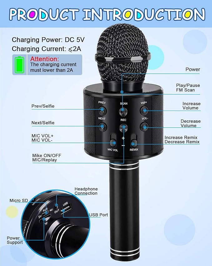 Kids Toys Age 3-12, Karaoke Microphone for Kids Birthday Presents Gifts for 5 6 7 8 9 10 11 12 Year Old Girls Boys Toys for 4-11 Year Old Girl Boy Teen - Black