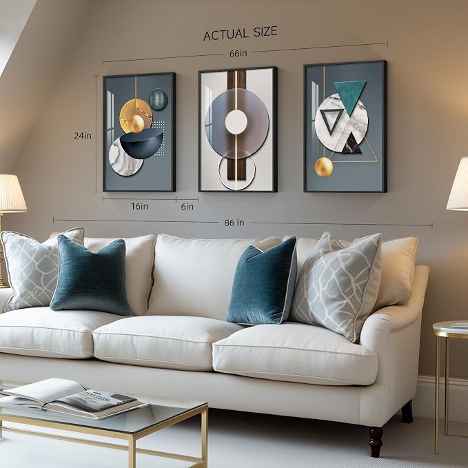 Framed Modern Wall Art for Living Room, 3 Piece Modern Luxury Bright Style Blue Green Paintings Wall Decor, Geometric Prints Artwork with Black Frame for Bedroom, Office,Hallway 16x24 Inch