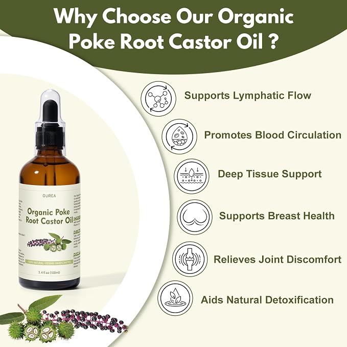Organic Poke Root Castor Oil – 3.4 Fl Oz Natural Lymphatic Support Massage Oil, Soothing Relief for Cysts, Boils, Breast, Fibroids, Swollen Lymph Nodes & Joint – Deep Tissue Drops