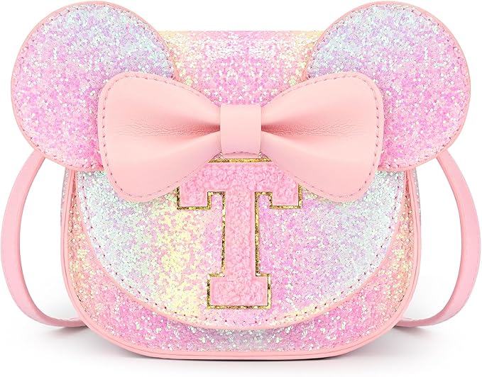 mibasies Toddler Purse Girl Gifts: Girls Birthday Gifts for 3-8 - Toys for Ages 2-4 Girls Mouse Ears Purse, Glitter Rainbow, Letter T