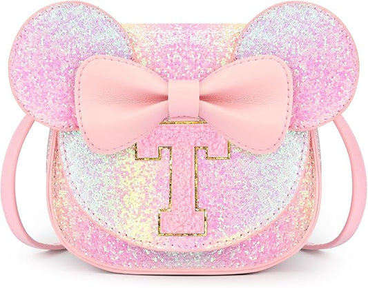 mibasies Toddler Purse Girl Gifts: Girls Birthday Gifts for 3-8 - Toys for Ages 2-4 Girls Mouse Ears Purse, Glitter Rainbow, Letter T