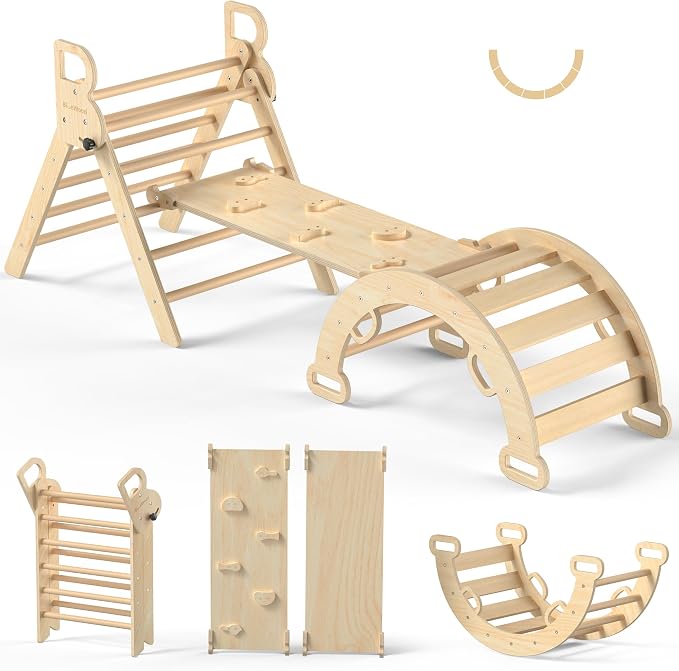 BlueWood Pikler Triangle Set, Toddler Wooden Climbing Toys Indoor 7in1 Climber, Foldable Kids Climbing Toys, Montessori Play Jungle Gym with Arch, Ramp, Ladder (Natural)