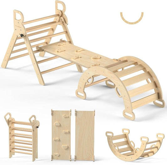BlueWood Pikler Triangle Set, Toddler Wooden Climbing Toys Indoor 7in1 Climber, Foldable Kids Climbing Toys, Montessori Play Jungle Gym with Arch, Ramp, Ladder (Natural)
