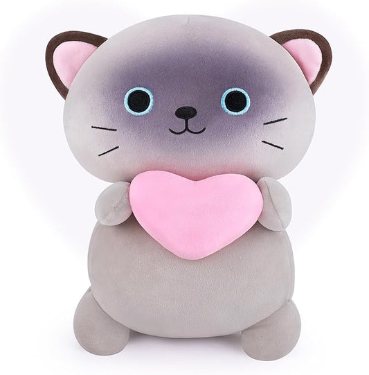 Achwishap Cat Stuffed Animal,Siamese Cat Plush with Love Heart,14” Siamese Cats Plush Toys,Cute Plushies Soft Cats Plushy Kawaii Plushie Huggging Pillow,Cuddly Animal Body Pillow for Kids Adults(Gray)