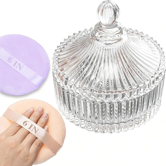3 Pcs Extra Large Body Powder Puff and Container - 6 Inch Glass Dusting Powder Container with Puff, Body Powder Puff for Women Soft Washable Reusable Fluffy Makeup Wet Dry