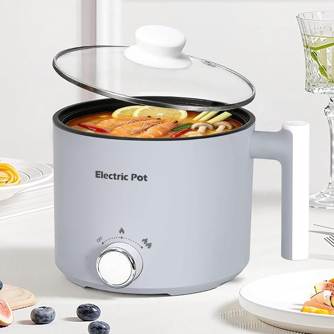 Electric Hot Pot 1.5L Nonstick Ramen Cooker for One-Person | Dual Power Setting for Hot Pot, Pasta/Soup/Oatmeal/Egg, Portable for Dorm/Travel, Overheat & Boil-Dry Protection (Grey, 1.5L)