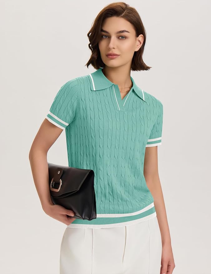 Micoson Womens Short Sleeve Sweater Tops Lapel V Neck Polo Shirts 2026 | Summer Cable Knit Loose Blouses, Business Casual Outfits