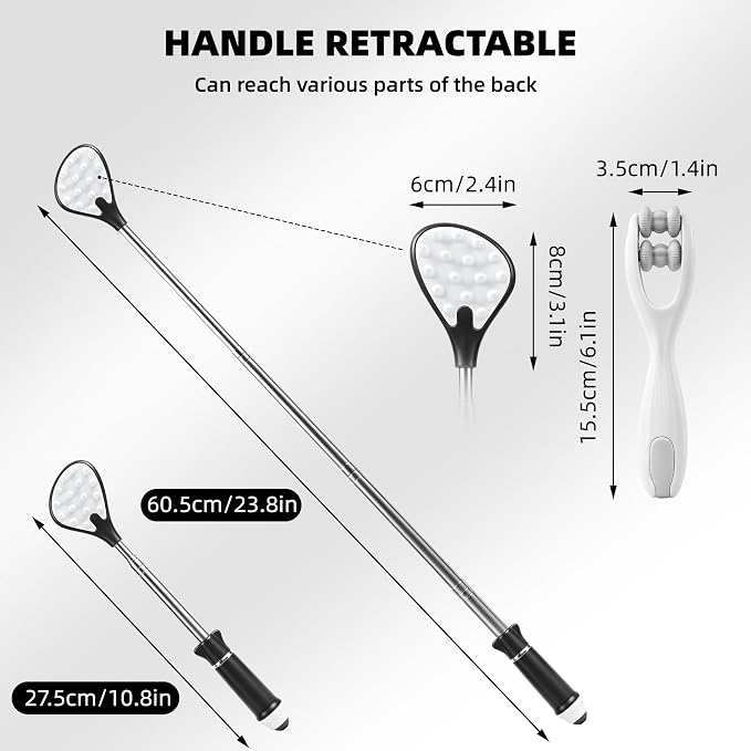 WOVTE Extendable Back Scratcher and Finger Massager Roller Combo – 23.5" Back Scratcher for Men Women with Dual Heads & Silicone Finger Massager for Arthritis, Hand Pain Relief – Gifts for Men Women