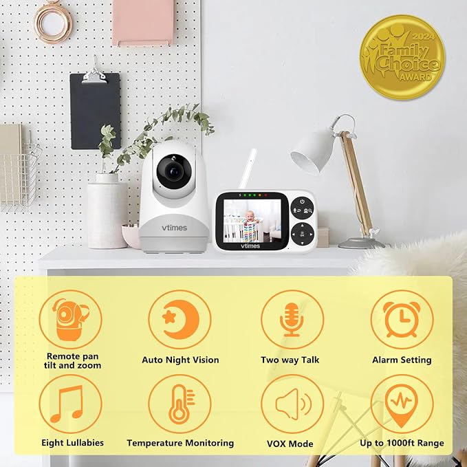 VTimes No WiFi Baby Camera Monitor, 3.2" IPS Display, Portable Video Monitor, Two-Way Talk, Night Vision, VOX Mode, Pan-Tilt-Zoom, Alarm, 1000ft Long Range for Baby, Elderly & Pet