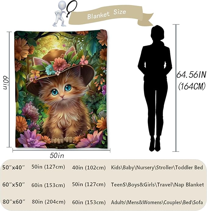 Cute Cat & Floral Blanket, Soft Warm Lightweight Flannel Throw Blanket for Couch, Bed, Travel & Outdoor, Cozy Fluffy Fuzzy Blankets for Women Girls, Home Decor 50×40 in