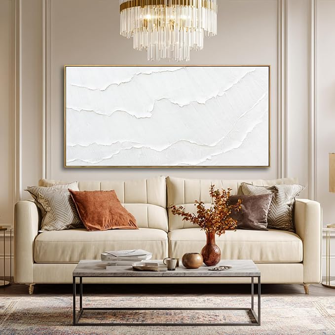 Framed White Gold Abstract Wave Canvas Wall Art for Living Room 24x48 Inch