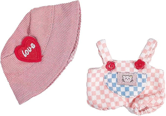 Clothes for 17cm Dolls, Overalls Outfit Set with Accessories, Cute Plush Doll Bucket Hat with Love Heart Design (NO Doll) Pink