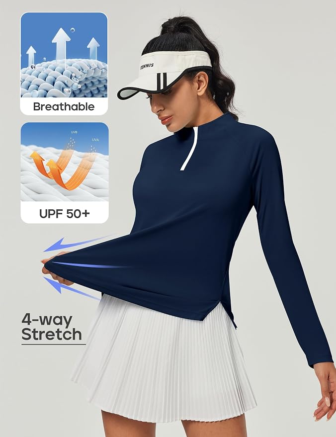 Heathyoga Long Sleeve Workout Tops for Women Golf Shirt UPF 50+ Swim Shirts for Woman UV Sun Protection Quarter Zip Pullover