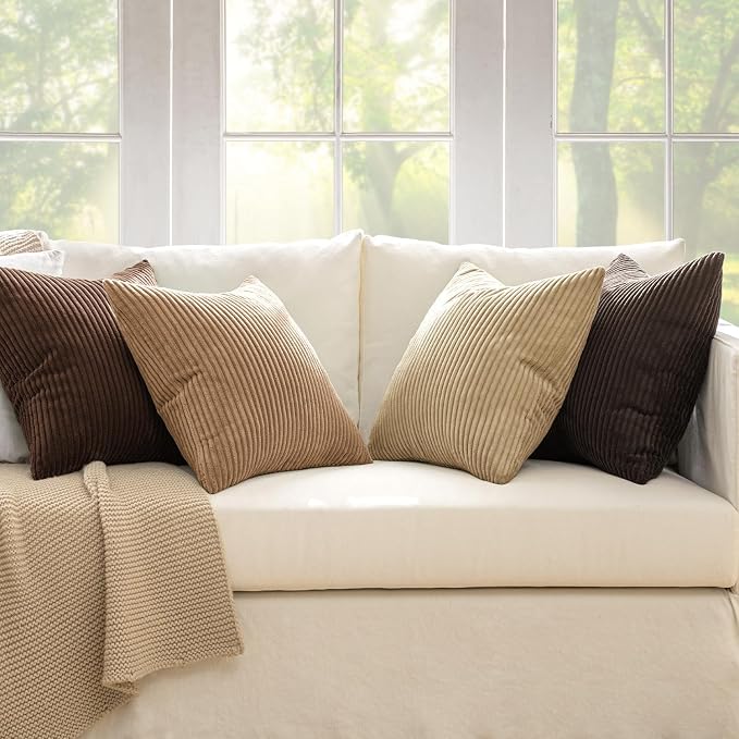 MIULEE Fall Corduroy Decorative Throw Pillow Covers Dark Brown 18x18 | Set of 4, Mordern Rustic Fall Decor, Rich Deep Brown Palette, Boho Farmhouse Cushion Covers for Couch Bed Sofa Living Room